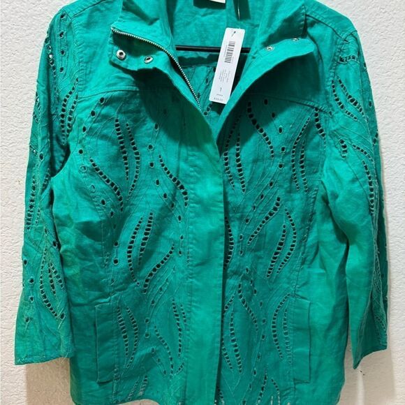 Chico's 100% Linen Embroidered Jacket. 1 (M) Zip Pockets Eyelet Lagenlook Boho - Picture 4 of 12